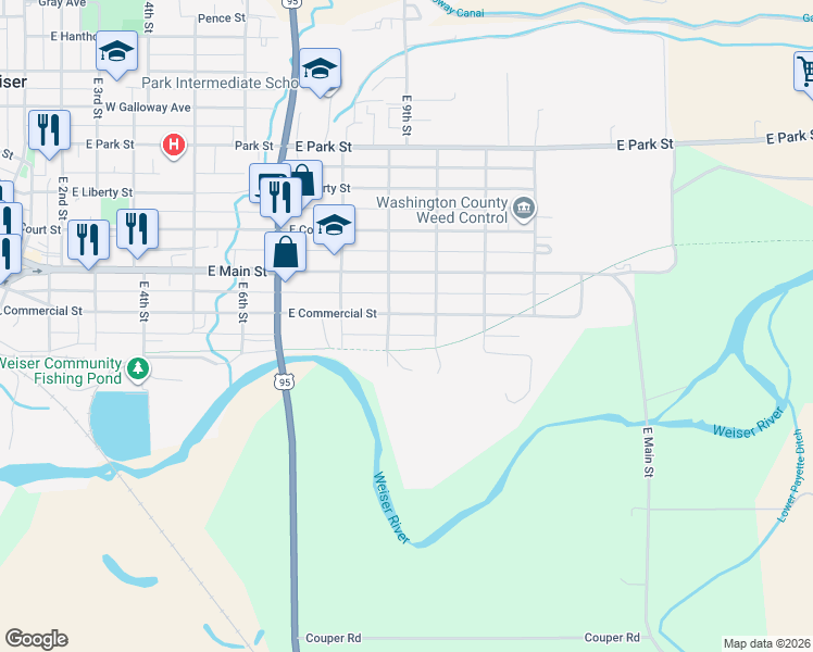 map of restaurants, bars, coffee shops, grocery stores, and more near 907 East Commercial Street in Weiser