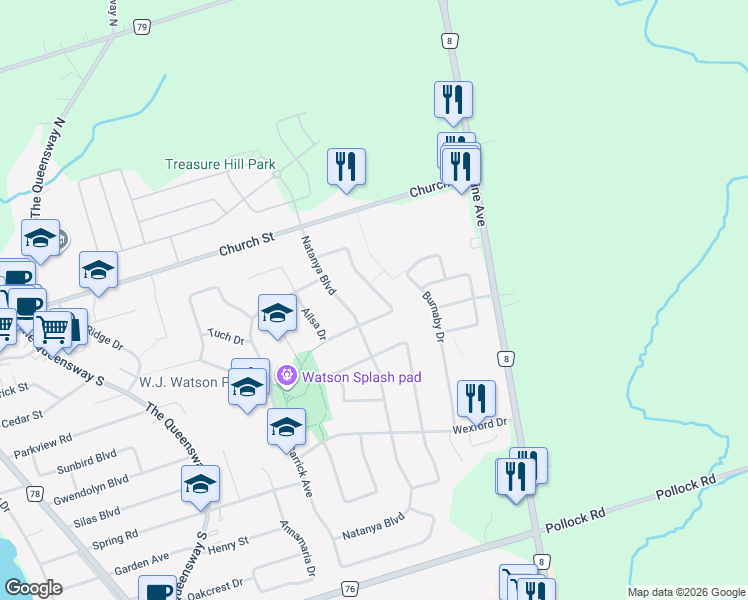 map of restaurants, bars, coffee shops, grocery stores, and more near 34 Verona Crescent in Georgina