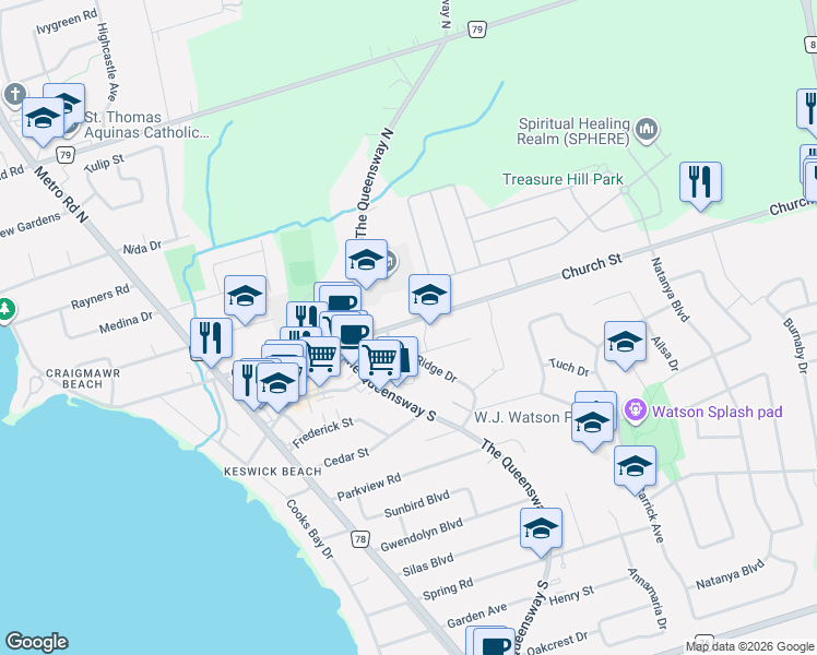 map of restaurants, bars, coffee shops, grocery stores, and more near 179 Church Street in Georgina