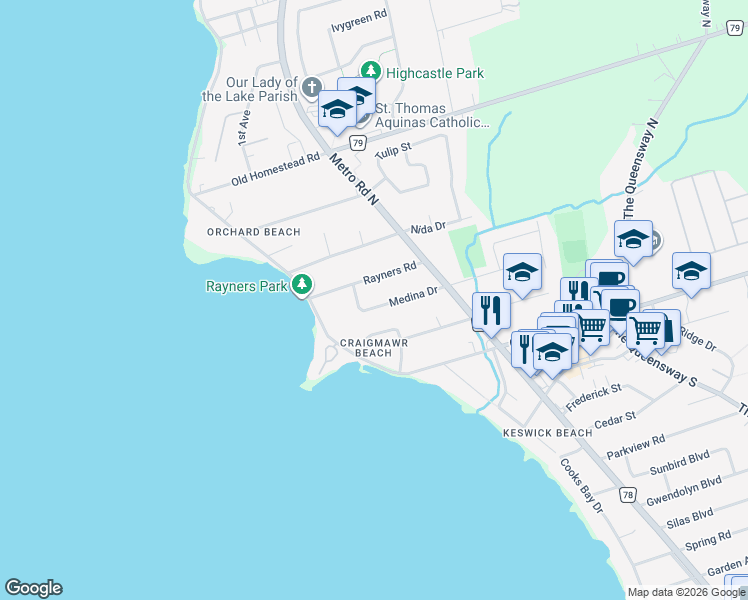 map of restaurants, bars, coffee shops, grocery stores, and more near 270 Medina Drive in Georgina
