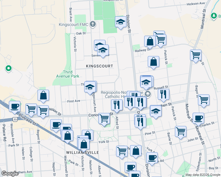 map of restaurants, bars, coffee shops, grocery stores, and more near 7 Dunkirk Avenue in Kingston