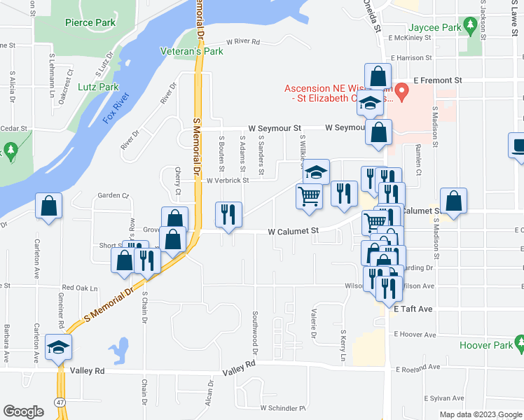 map of restaurants, bars, coffee shops, grocery stores, and more near 429 West Foster Street in Appleton