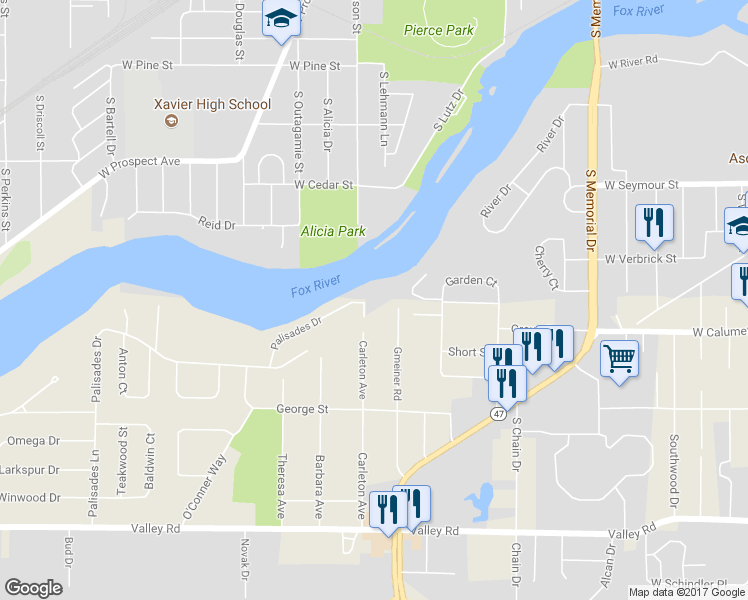 map of restaurants, bars, coffee shops, grocery stores, and more near 1250 Palisades Drive in Appleton