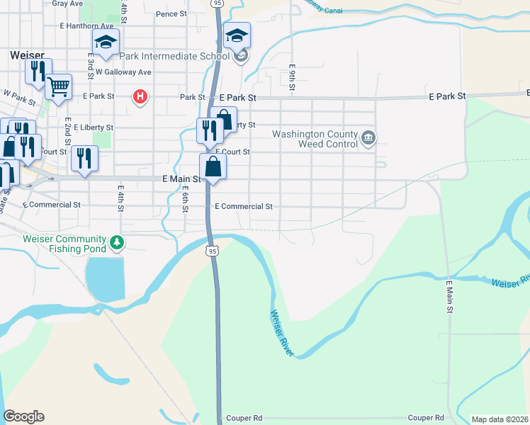 map of restaurants, bars, coffee shops, grocery stores, and more near 819 East Commercial Street in Weiser