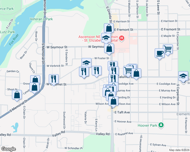 map of restaurants, bars, coffee shops, grocery stores, and more near 106 Foster Ct in Appleton