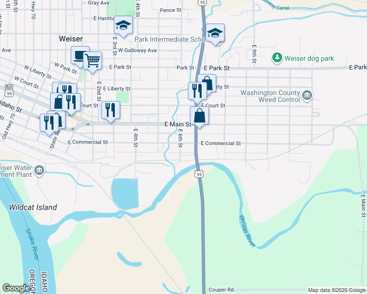 map of restaurants, bars, coffee shops, grocery stores, and more near 220 East 6th Street in Weiser
