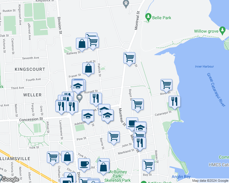 map of restaurants, bars, coffee shops, grocery stores, and more near 23 Russell Street in Kingston
