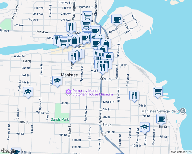 map of restaurants, bars, coffee shops, grocery stores, and more near 332-350 3rd St in Manistee