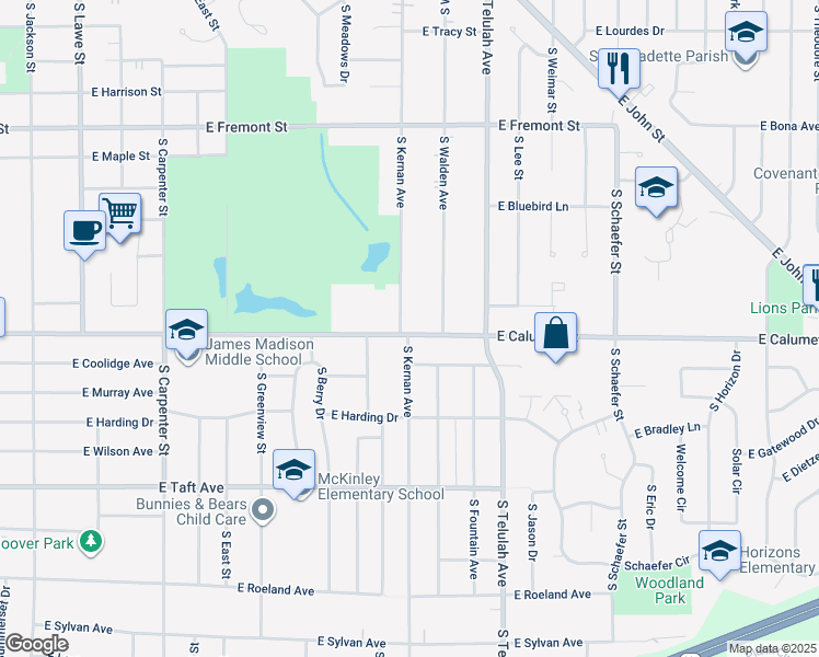 map of restaurants, bars, coffee shops, grocery stores, and more near 1443 East Calumet Street in Appleton
