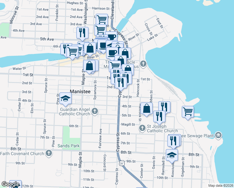 map of restaurants, bars, coffee shops, grocery stores, and more near 212 Cypress Street in Manistee