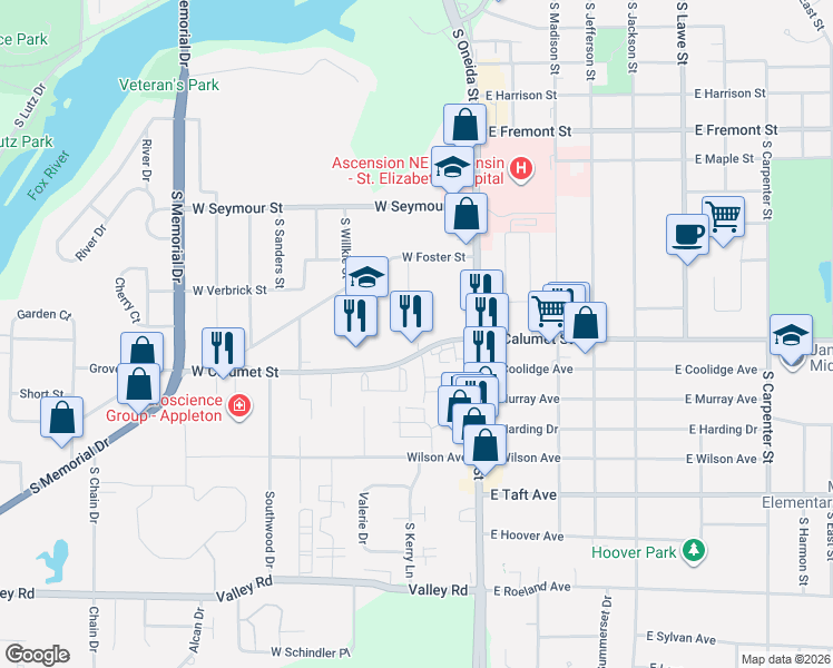 map of restaurants, bars, coffee shops, grocery stores, and more near 106 Foster Court in Appleton