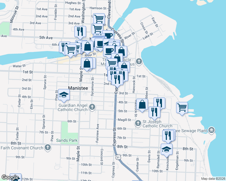 map of restaurants, bars, coffee shops, grocery stores, and more near 212 Cypress Street in Manistee
