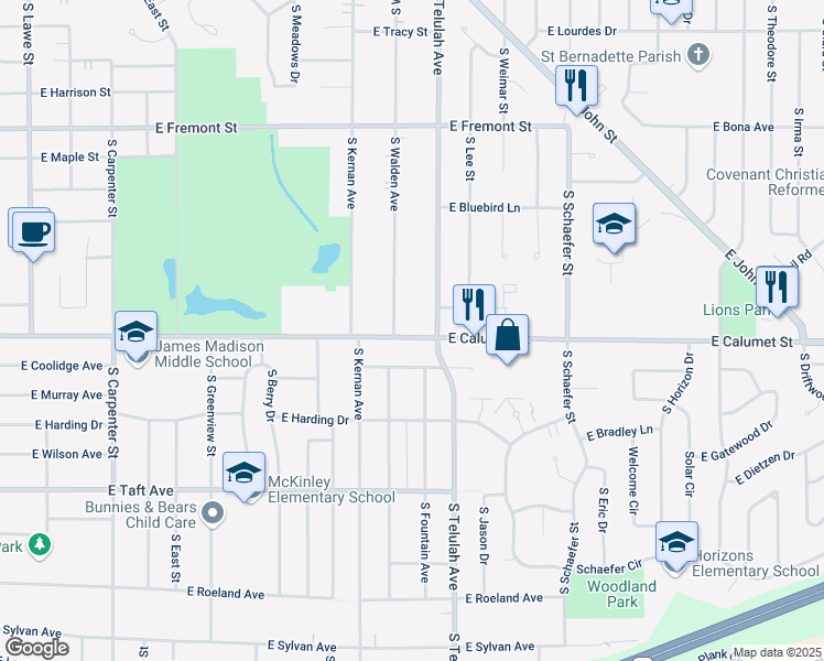 map of restaurants, bars, coffee shops, grocery stores, and more near 1518 East Calumet Street in Appleton