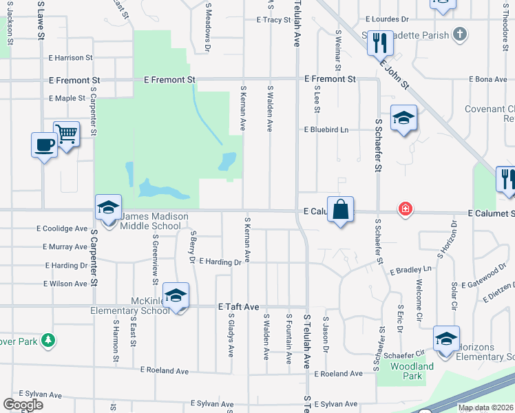 map of restaurants, bars, coffee shops, grocery stores, and more near 1443 East Calumet Street in Appleton