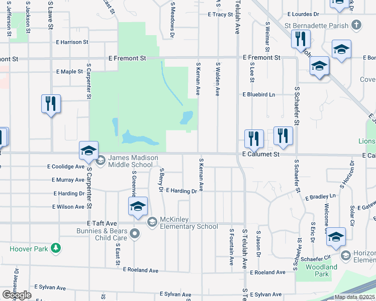 map of restaurants, bars, coffee shops, grocery stores, and more near 1319 East Calumet Street in Appleton