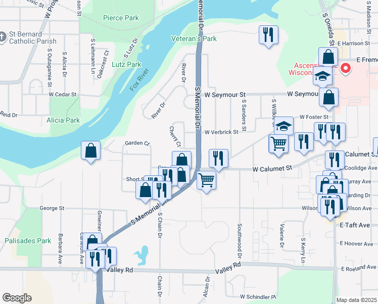 map of restaurants, bars, coffee shops, grocery stores, and more near 146 Cherry Court in Appleton