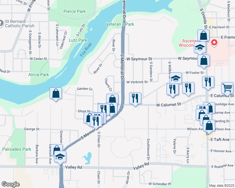 map of restaurants, bars, coffee shops, grocery stores, and more near 146 Cherry Court in Appleton