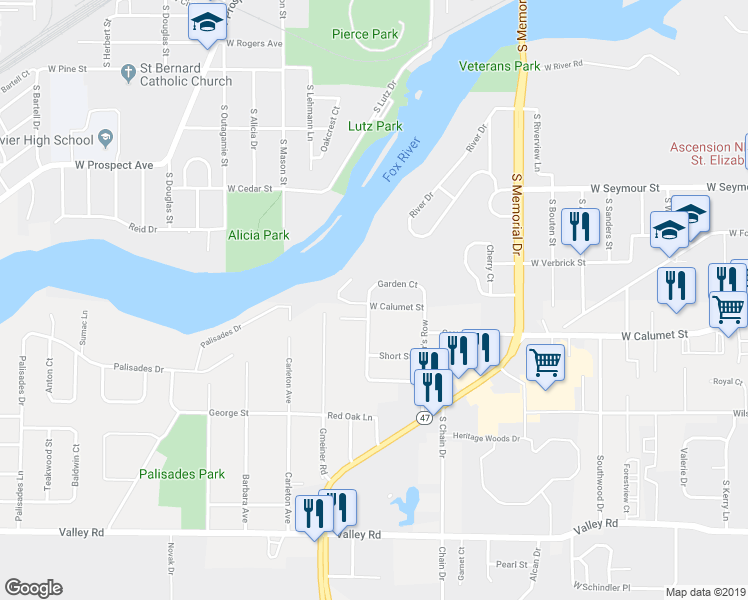 map of restaurants, bars, coffee shops, grocery stores, and more near 1026 West Calumet Street in Appleton