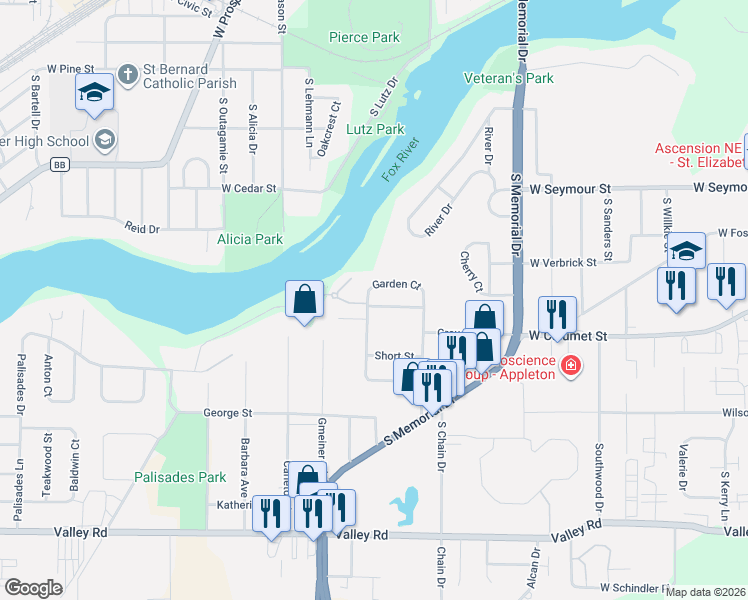map of restaurants, bars, coffee shops, grocery stores, and more near 1026 West Calumet Street in Appleton