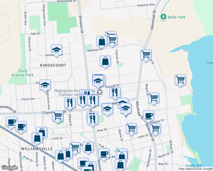 map of restaurants, bars, coffee shops, grocery stores, and more near 137 Russell Street in Kingston