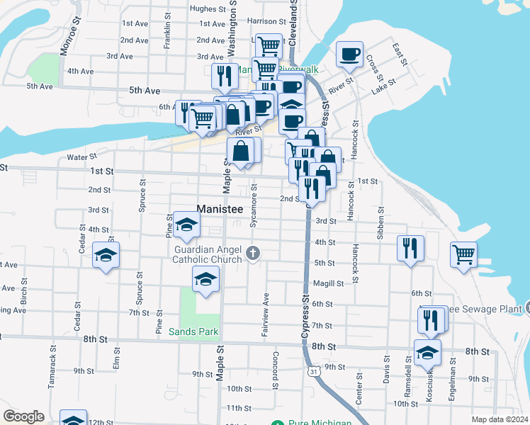 map of restaurants, bars, coffee shops, grocery stores, and more near 303 Sycamore Street in Manistee