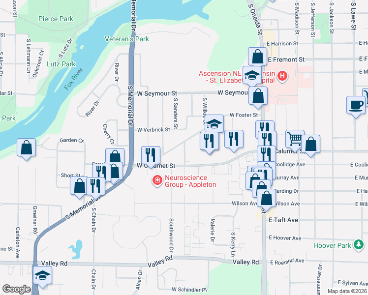 map of restaurants, bars, coffee shops, grocery stores, and more near 429 West Foster Street in Appleton