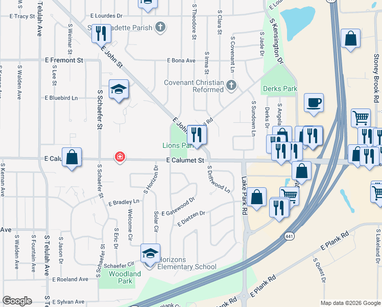map of restaurants, bars, coffee shops, grocery stores, and more near 2612 East Calumet Street in Appleton