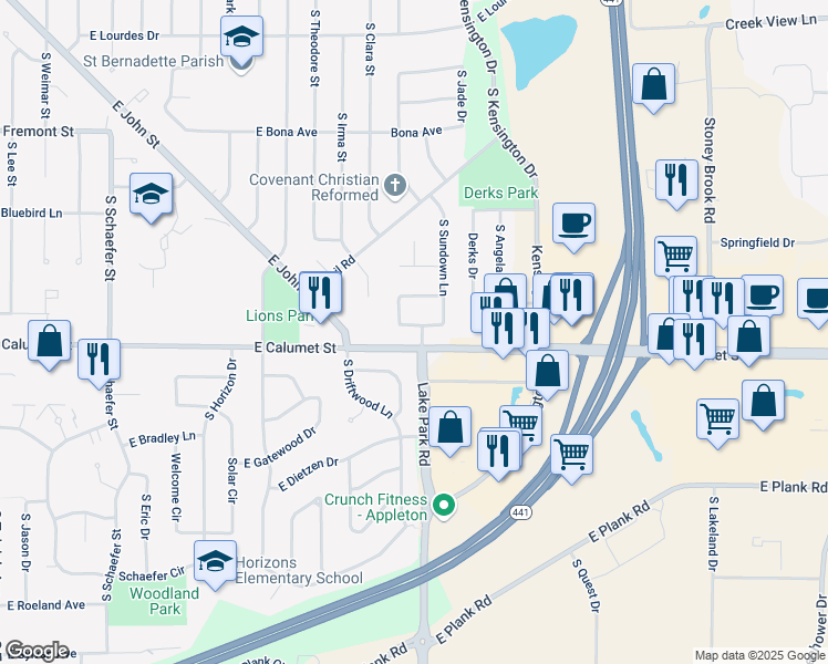 map of restaurants, bars, coffee shops, grocery stores, and more near 1925 South Lake Park Road in Appleton