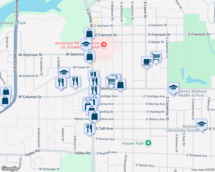 map of restaurants, bars, coffee shops, grocery stores, and more near 201 East Calumet Street in Appleton
