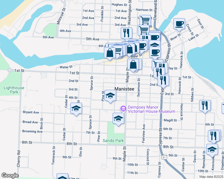 map of restaurants, bars, coffee shops, grocery stores, and more near 437 3rd Street in Manistee