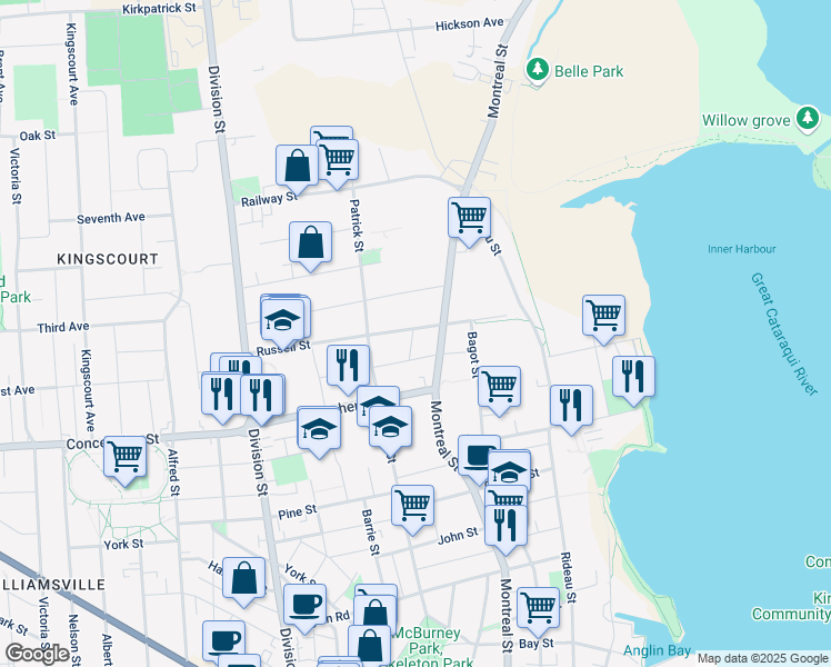 map of restaurants, bars, coffee shops, grocery stores, and more near 23 Russell Street in Kingston