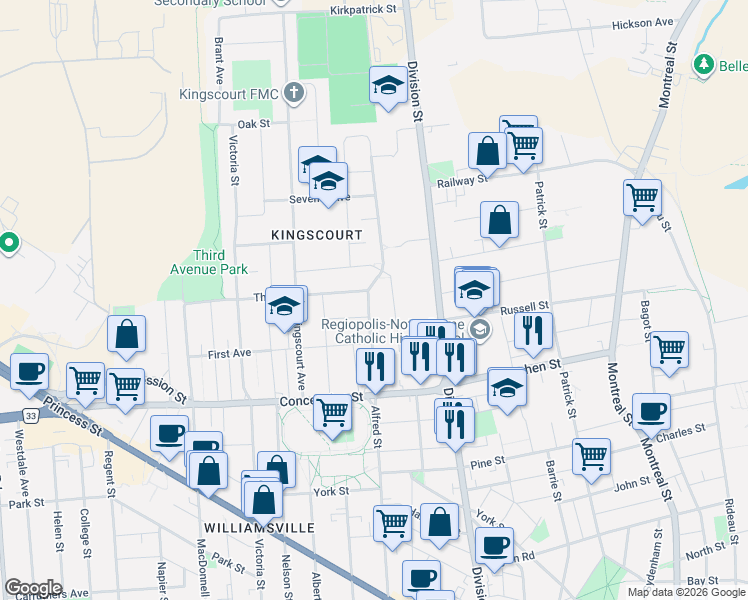 map of restaurants, bars, coffee shops, grocery stores, and more near 611 Alfred Street in Kingston