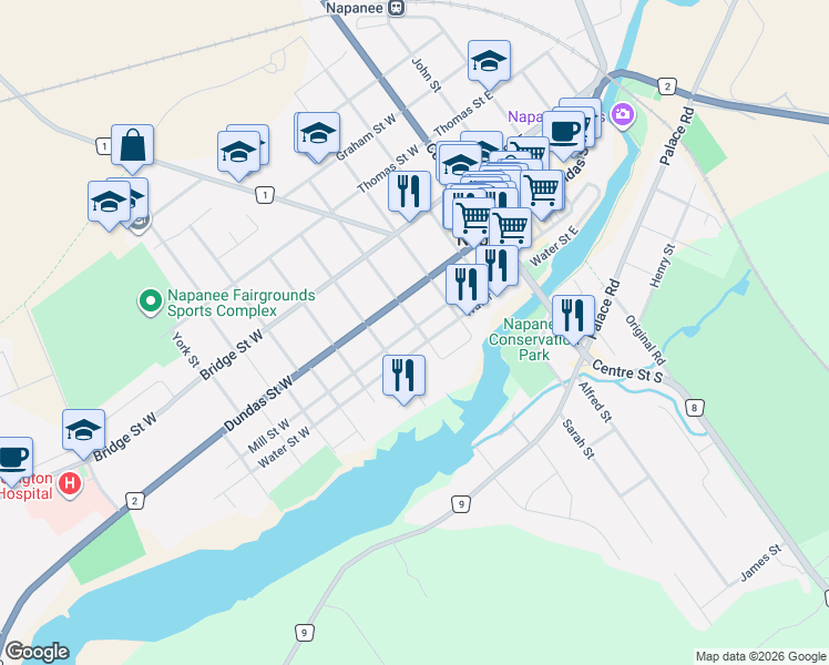map of restaurants, bars, coffee shops, grocery stores, and more near 102 Water Street West in Napanee