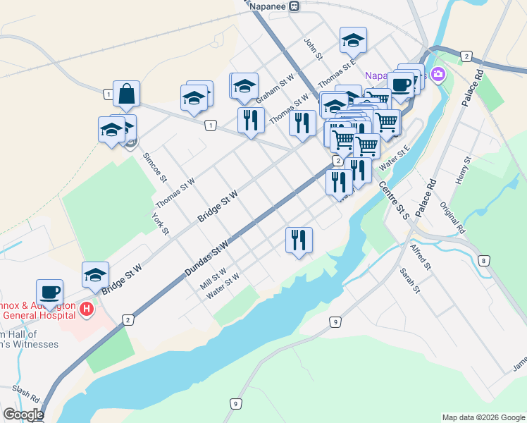 map of restaurants, bars, coffee shops, grocery stores, and more near 143 Dundas Street West in Greater Napanee