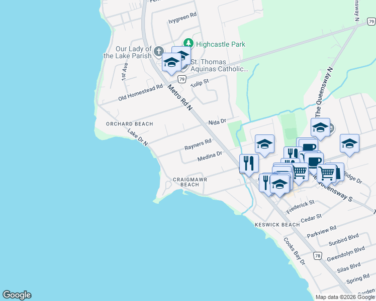 map of restaurants, bars, coffee shops, grocery stores, and more near 270 Medina Drive in Georgina