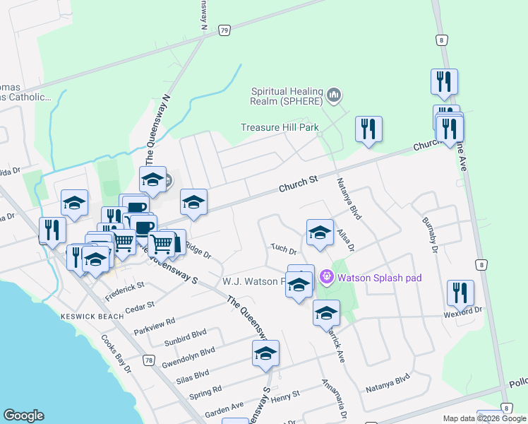 map of restaurants, bars, coffee shops, grocery stores, and more near 36 Chartwell Crescent in Georgina