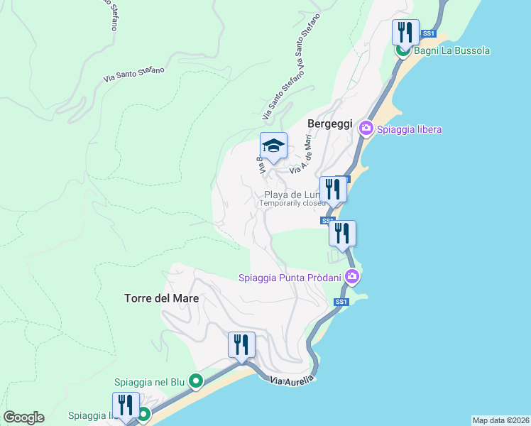 map of restaurants, bars, coffee shops, grocery stores, and more near 16 Via degli Ulivi in Bergeggi