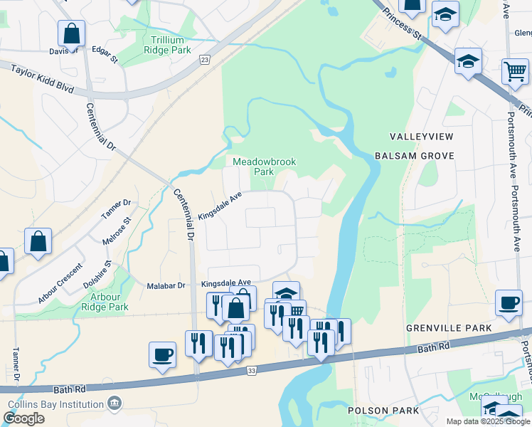 map of restaurants, bars, coffee shops, grocery stores, and more near 316 Sunrise Crescent in Kingston