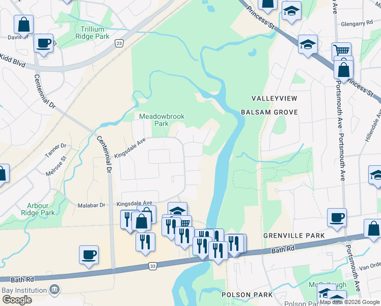map of restaurants, bars, coffee shops, grocery stores, and more near in Kingston