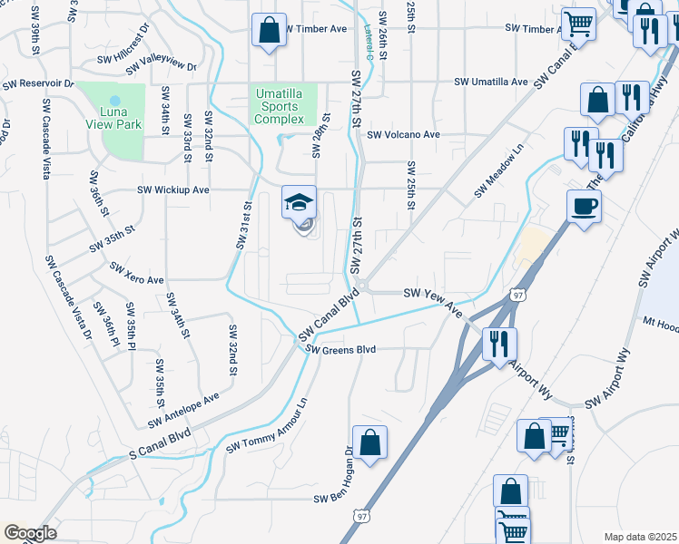 map of restaurants, bars, coffee shops, grocery stores, and more near 3496 Southwest 28th Street in Redmond