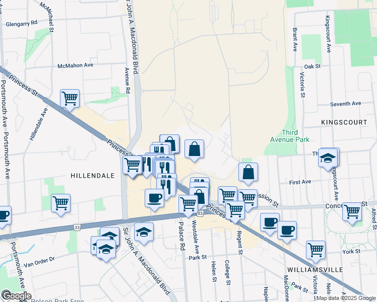 map of restaurants, bars, coffee shops, grocery stores, and more near 102-993 Princess Street in Kingston