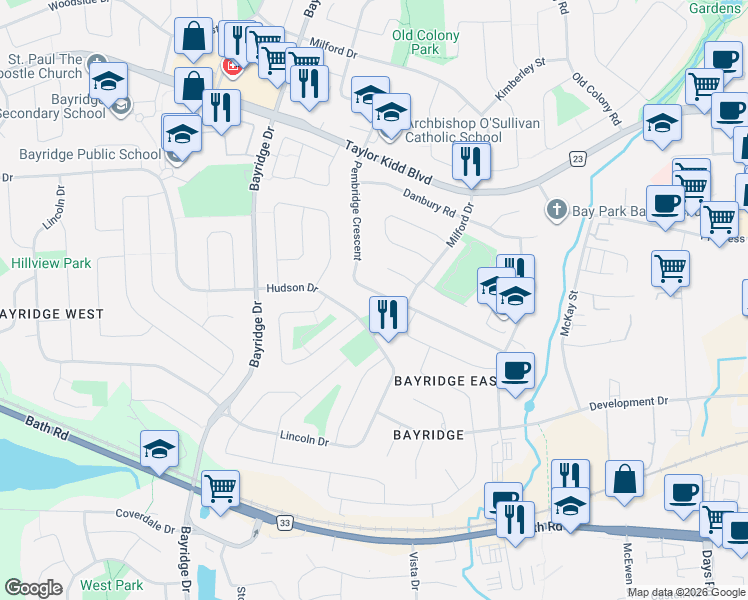 map of restaurants, bars, coffee shops, grocery stores, and more near 897 Pembridge Crescent in Kingston