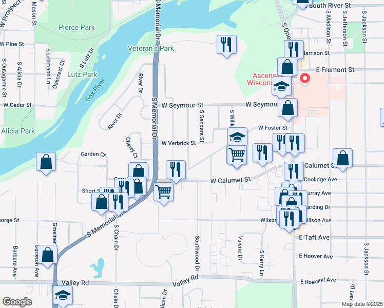 map of restaurants, bars, coffee shops, grocery stores, and more near 526 West Verbrick Street in Appleton