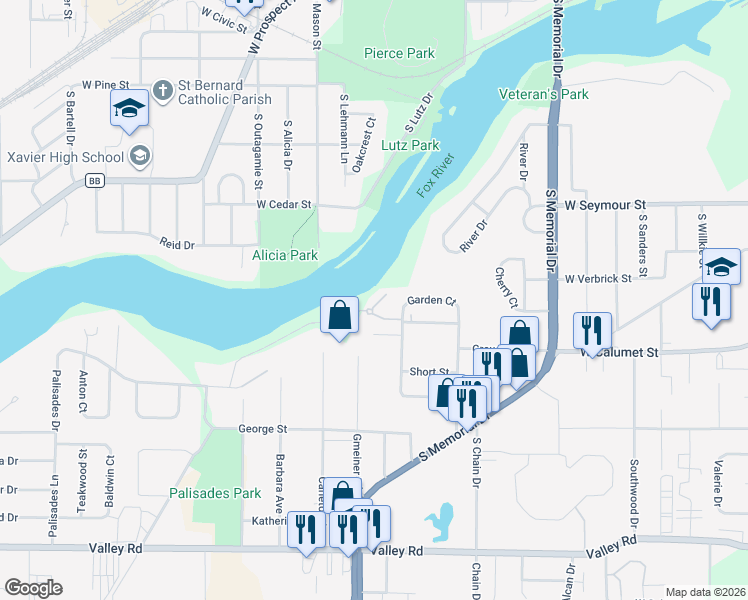 map of restaurants, bars, coffee shops, grocery stores, and more near 102 Hidden Acres in Appleton