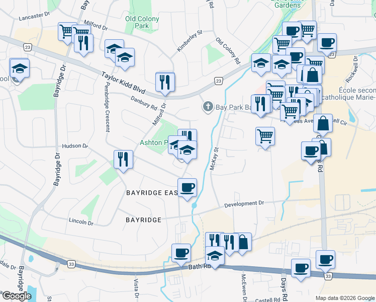 map of restaurants, bars, coffee shops, grocery stores, and more near 775 Birkley Place in Kingston