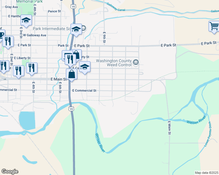 map of restaurants, bars, coffee shops, grocery stores, and more near 1003 East Main Street in Weiser