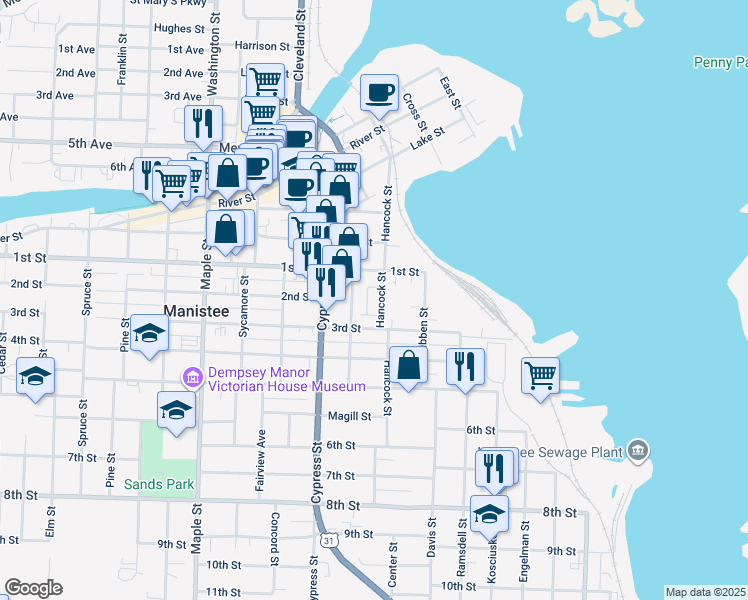 map of restaurants, bars, coffee shops, grocery stores, and more near 275 1st Street in Manistee