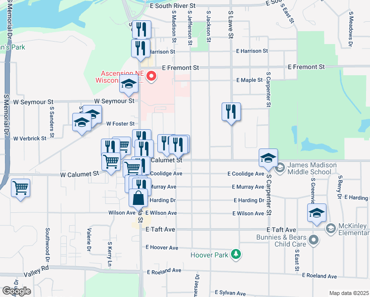 map of restaurants, bars, coffee shops, grocery stores, and more near 1826 South Jefferson Street in Appleton