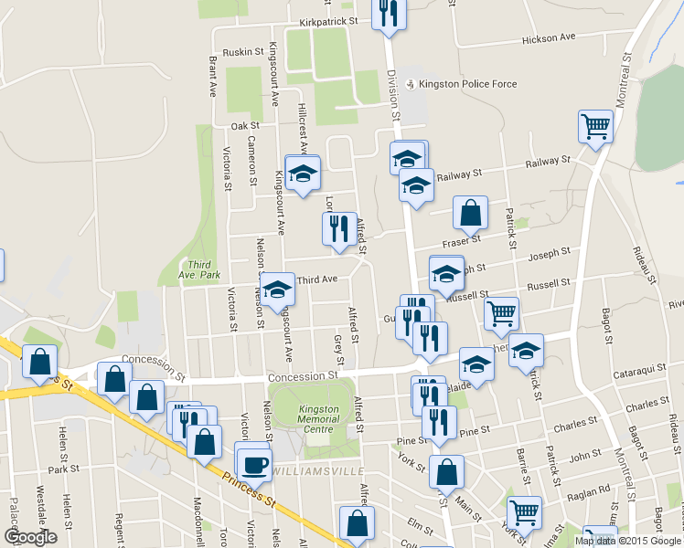 map of restaurants, bars, coffee shops, grocery stores, and more near 7 Third Avenue in Kingston