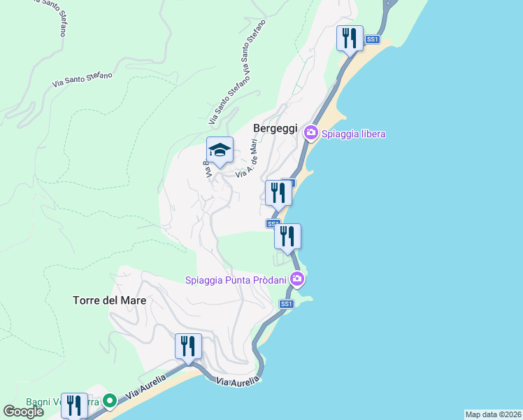map of restaurants, bars, coffee shops, grocery stores, and more near 1 Via Mede in Bergeggi